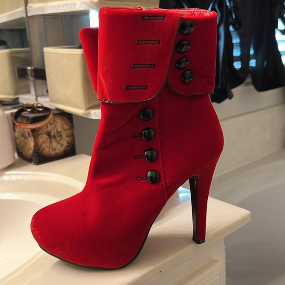 Red suede ankle boots with black button accents. Wore once. Great condition - Picture 4 of 5